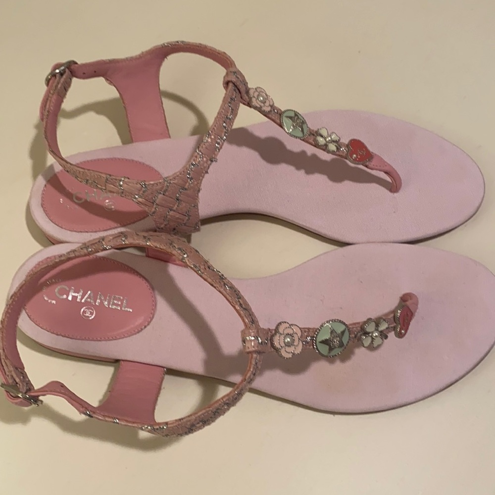 Chanel T-Strap Logo Sandals Size 40C